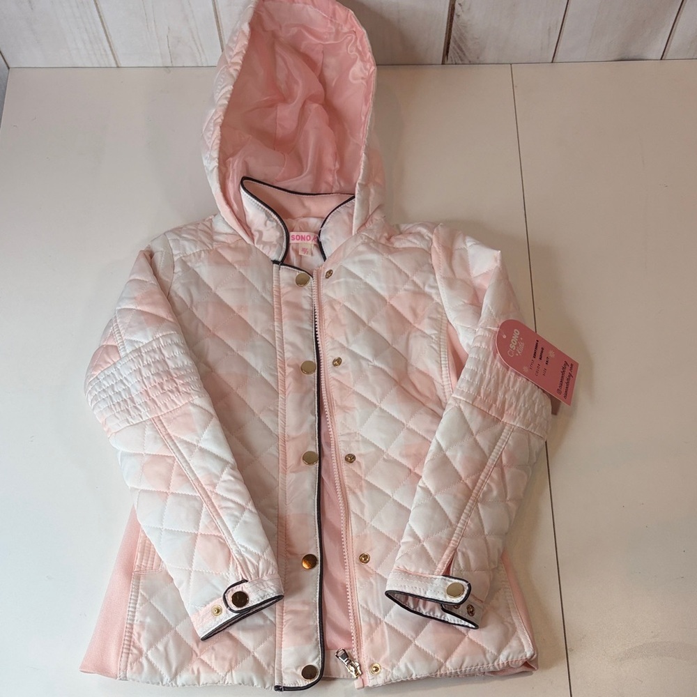 Pink and white watercolor Quilted Hooded Kids Jacket Girl’s XS 7 New with tag